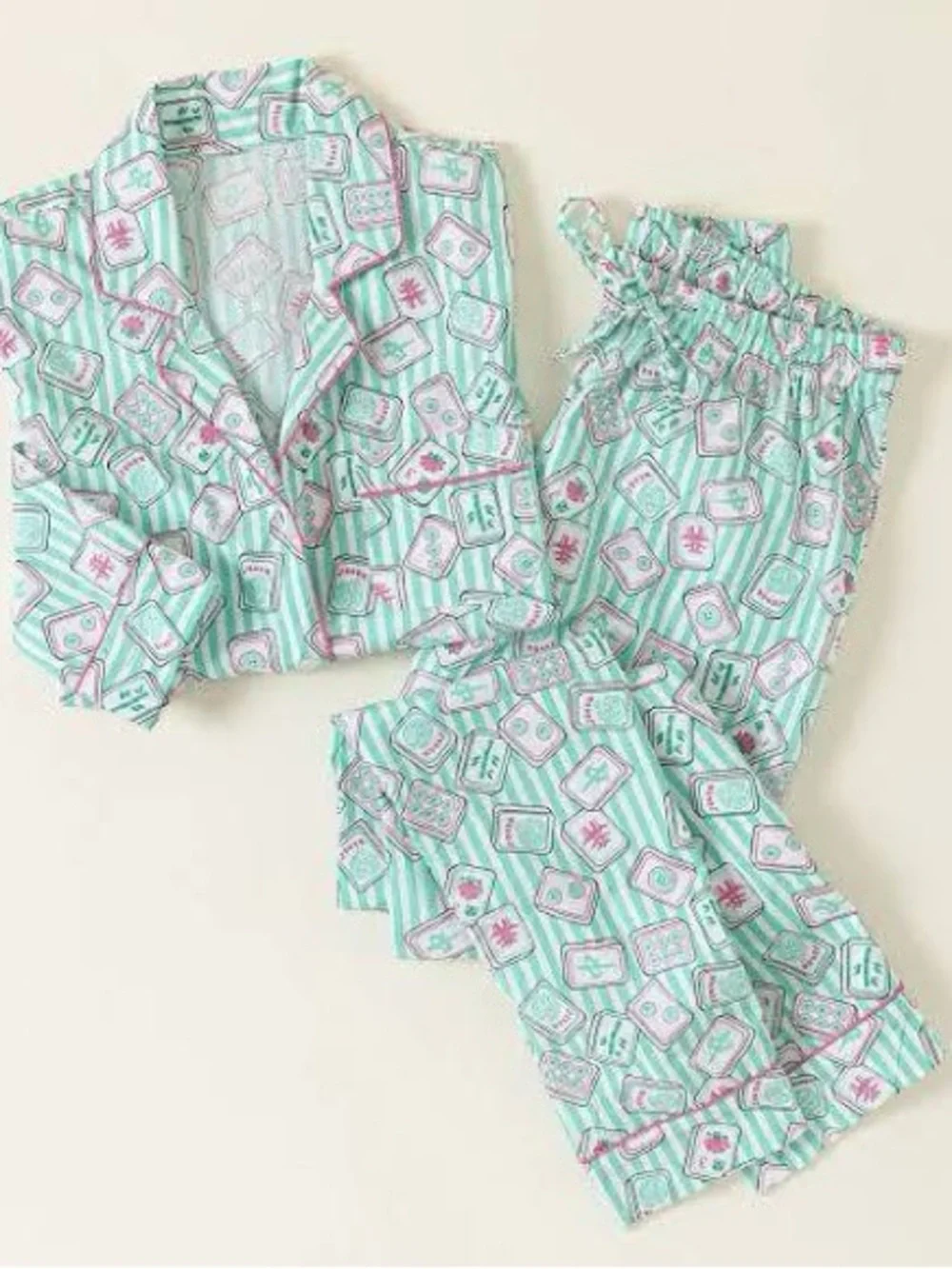 8 Oak Lane Mahjong Stripe Cotton Pajama Set Long Sleeve Pants Medium - Picture 1 of 7